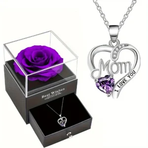 Luxury Soap Rose Gift Box with Purple Rose & "MOM I Love You" Heart Pendant Necklace - Elegant Mother's Day Anniversary